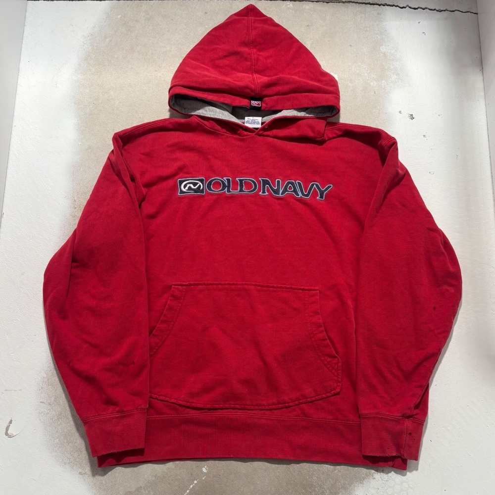 Vintage Old Navy Red Embroidered Logo Hoodie Mens Large Distressed Pullover